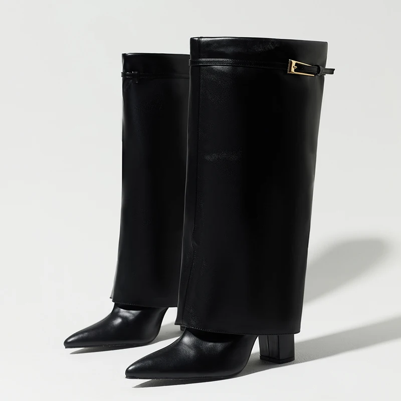 Eilyken Winter Street Fashion Belt Buckle Women Knee High Boots Pointed Toe Square Heels Ladies Shoes Long Botas Mujer image 5