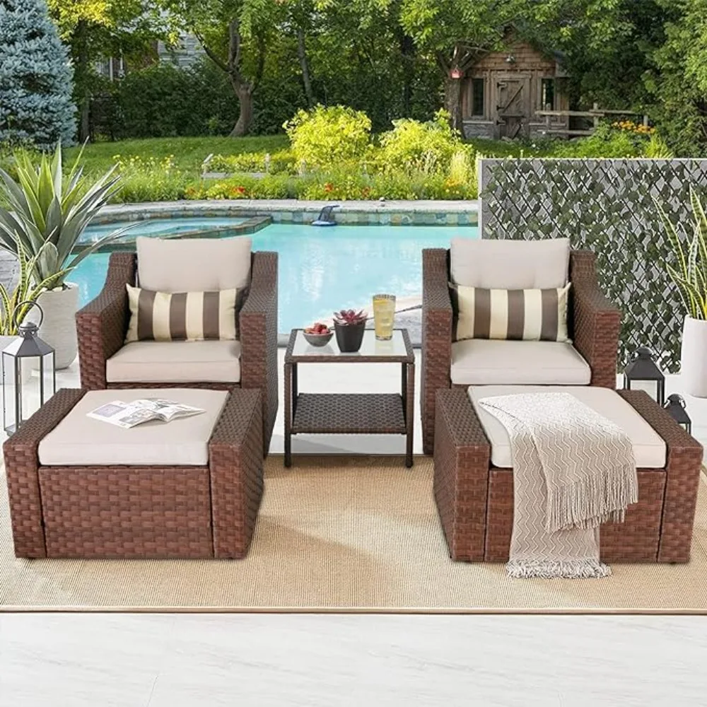 

5 Piece Patio Conversation Set Outdoor Furniture Set, Brown Wicker Lounge Chair with Ottoman Footrest, W/Coffee Table & Cushions