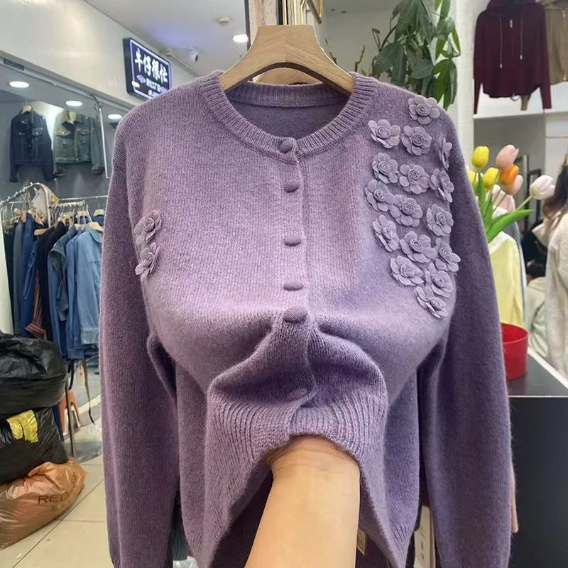 

Three Dimensional New Round Neck Flower Long Sleeved Knitted Cardigan Sweater Jacket, Autumn and Winter Stylish Versatile Top
