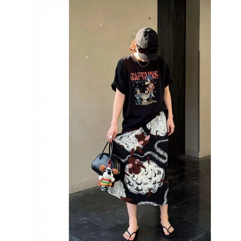 Miyake Pleated Original 2026 Summer New Loose Slimming Elastic Waist Commuter Pleated Fashion Casual Plus Size Mid-Length Skirt