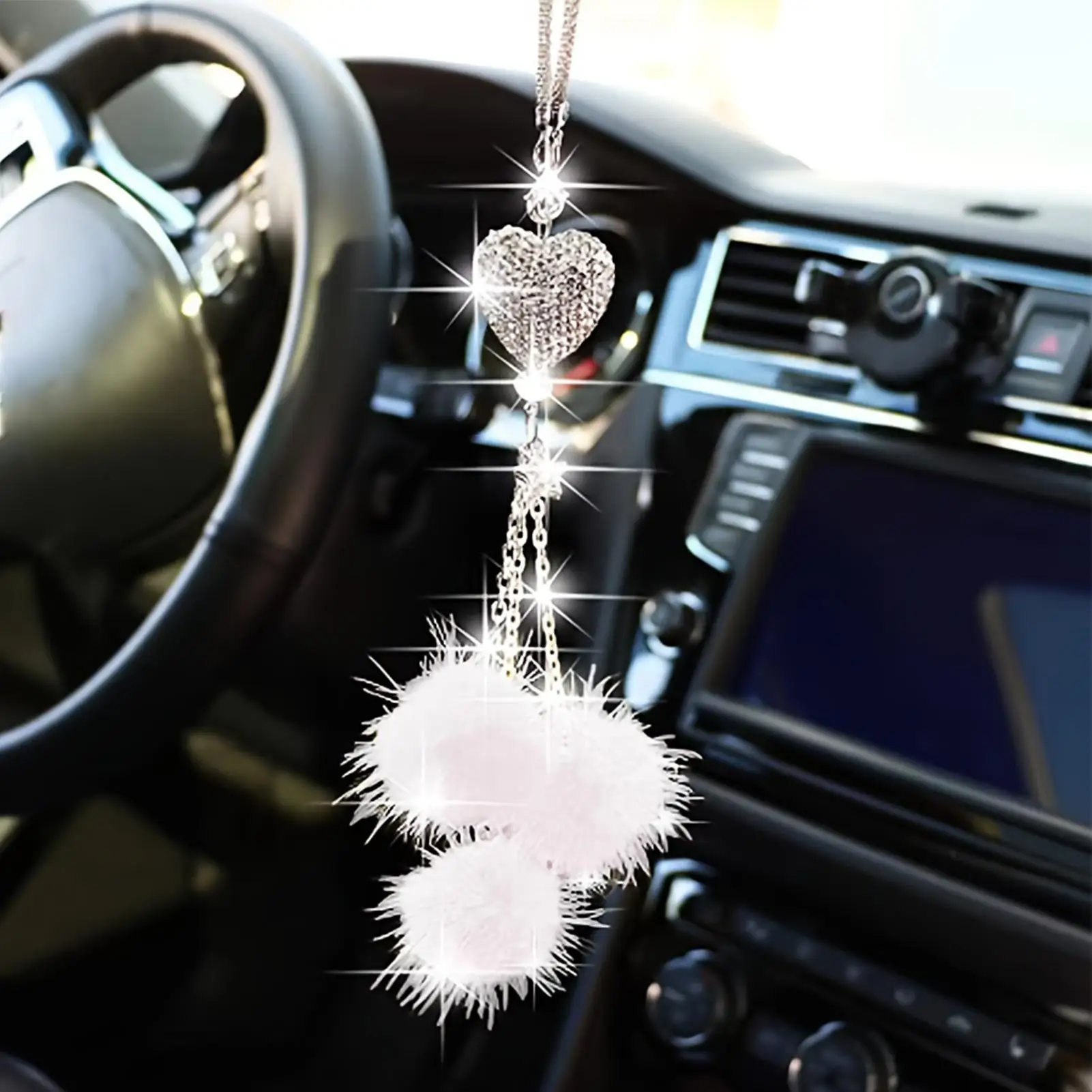 

Bling Heart Car Ornament Cute Fluffy Heart Pom-Pom Car Pendant Rearview Mirror Pendant with Pom-Pom Car Interior Decoration