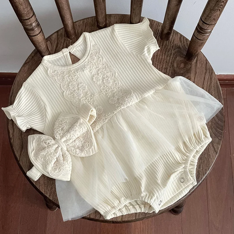 Milancel-赤ちゃんの女の子のレースのボディスーツ、ヘッドバンド付き、幼児の服、1個、夏