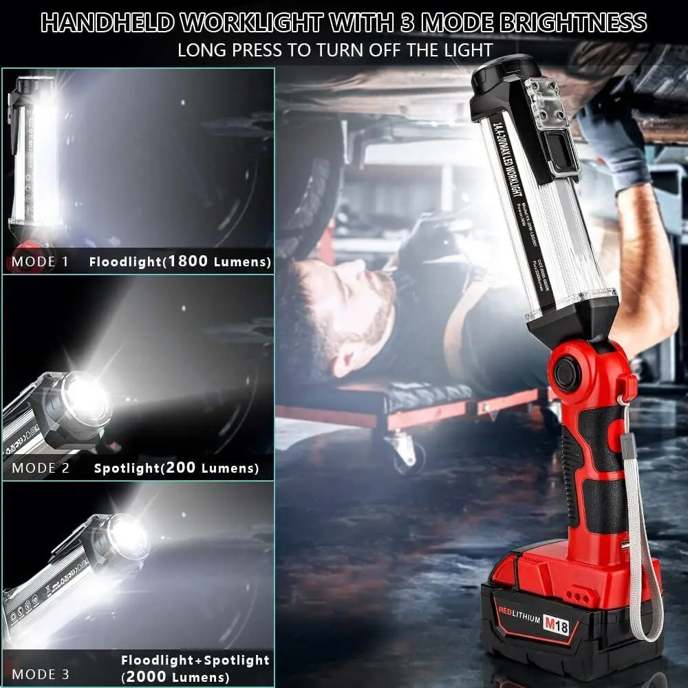 Imagem -05 - Cordless Led Work Light para Milwaukee Lanterna ao ar Livre Portátil Camping Lanternas com Gancho 18v Li-ion Bateria 35w 2000lm
