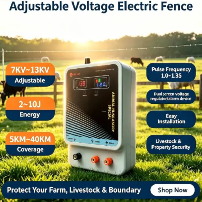5-40KM Adjustable Voltage Electric Fence Energizer with Alarm Controller for Cattle Sheep Horse Farm Livestock