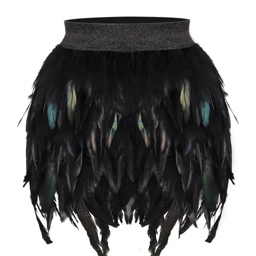 Women Natural Feather Mini Skirt Elastic High Waist Fluffy Short Skirt Halloween Carnival Party Costume Rave Performance Skirt
