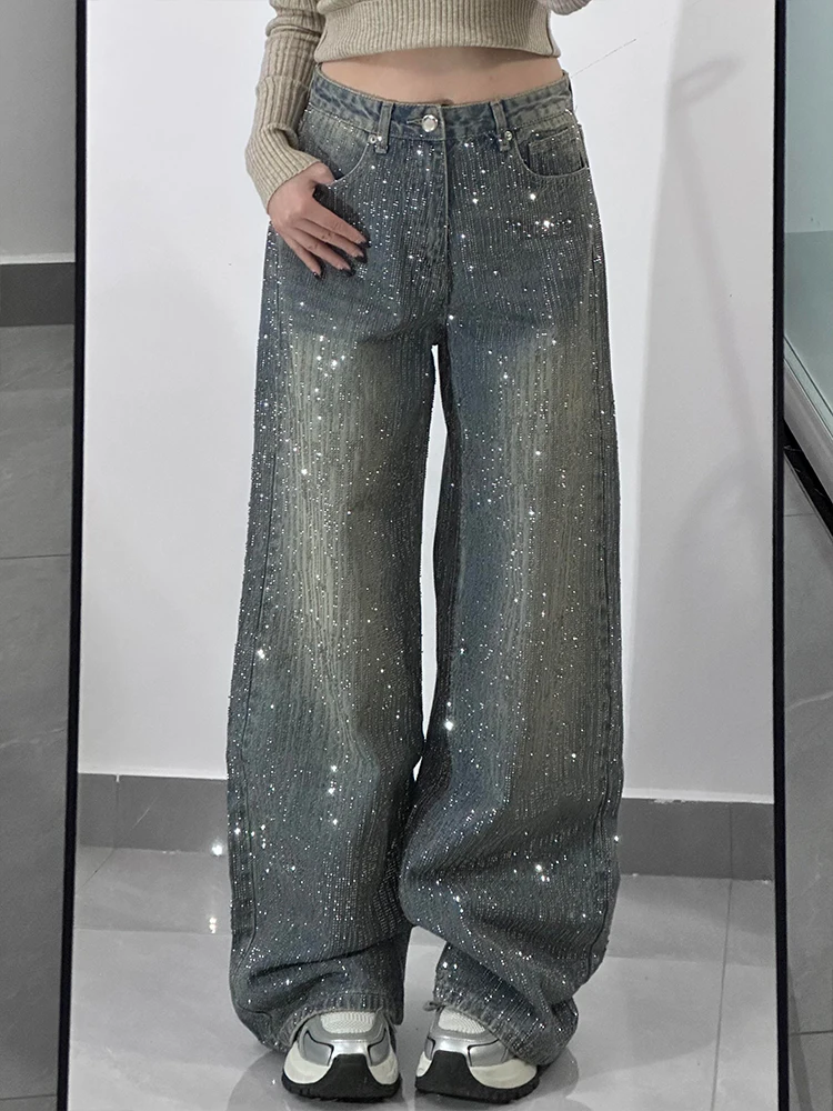 

American High Street Design Diamond Splicing Jeans Women's Spring New Sle Sexy Sparkling Floor-Length Pants