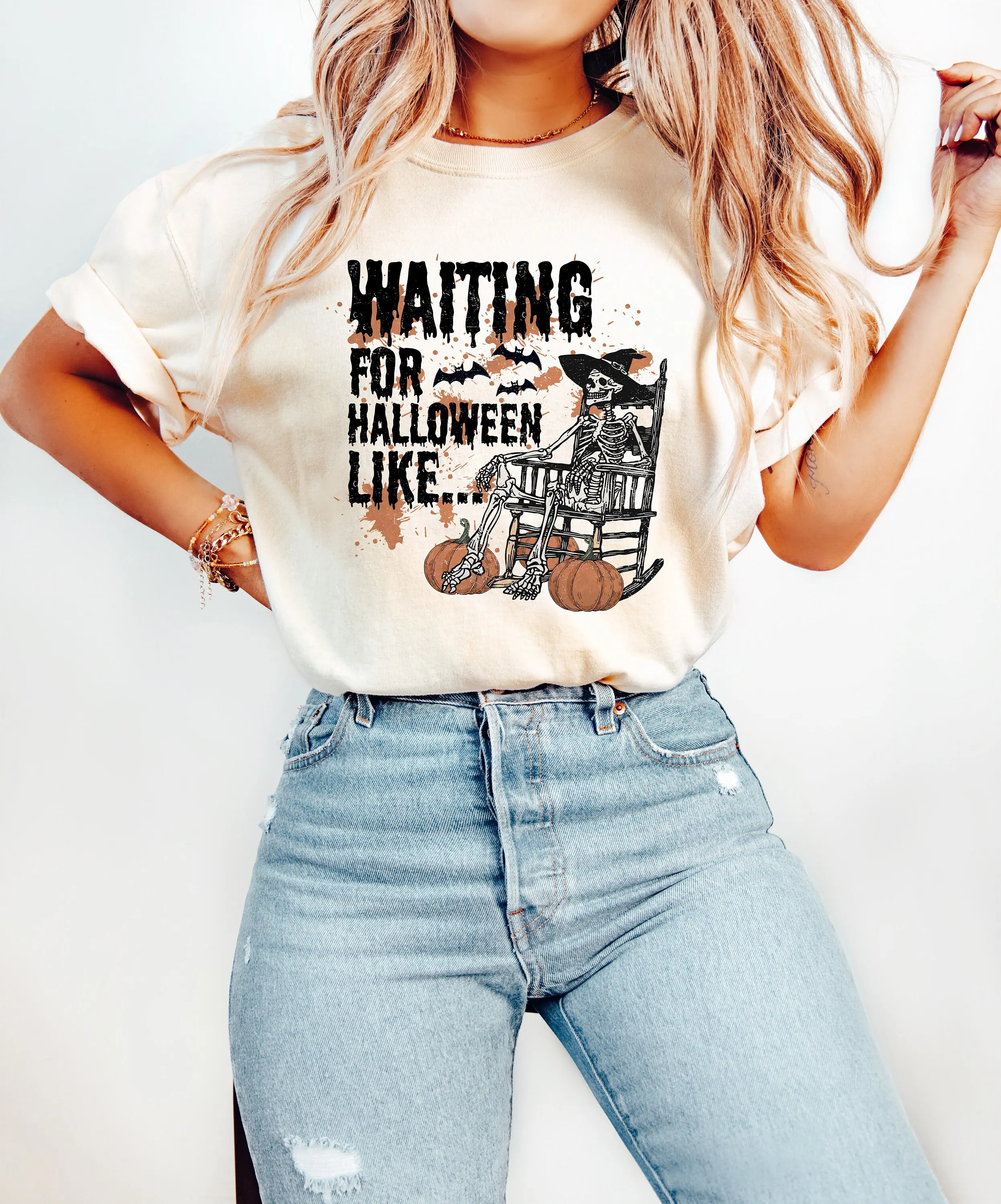 Waiting For Halloween Like Comfort Colors T Shirt Retro Trick Or Treat Skeleton Fall Autumn