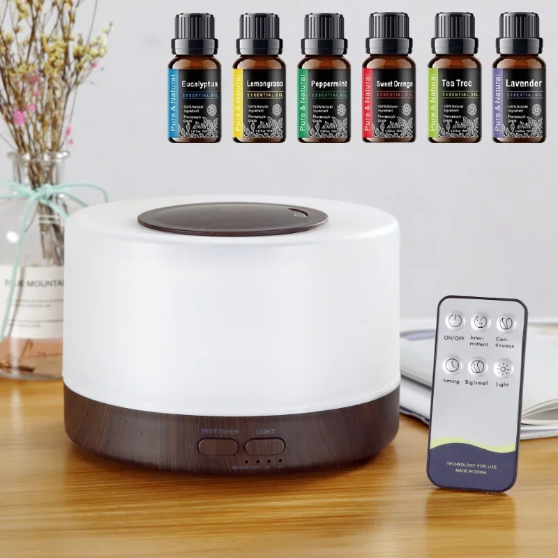 

7-Color Wood Grain Diffuser 500ml | Essential Oil Humidifier with Remote Control, Auto Shut-Off & 6 Aromatherapy Oils
