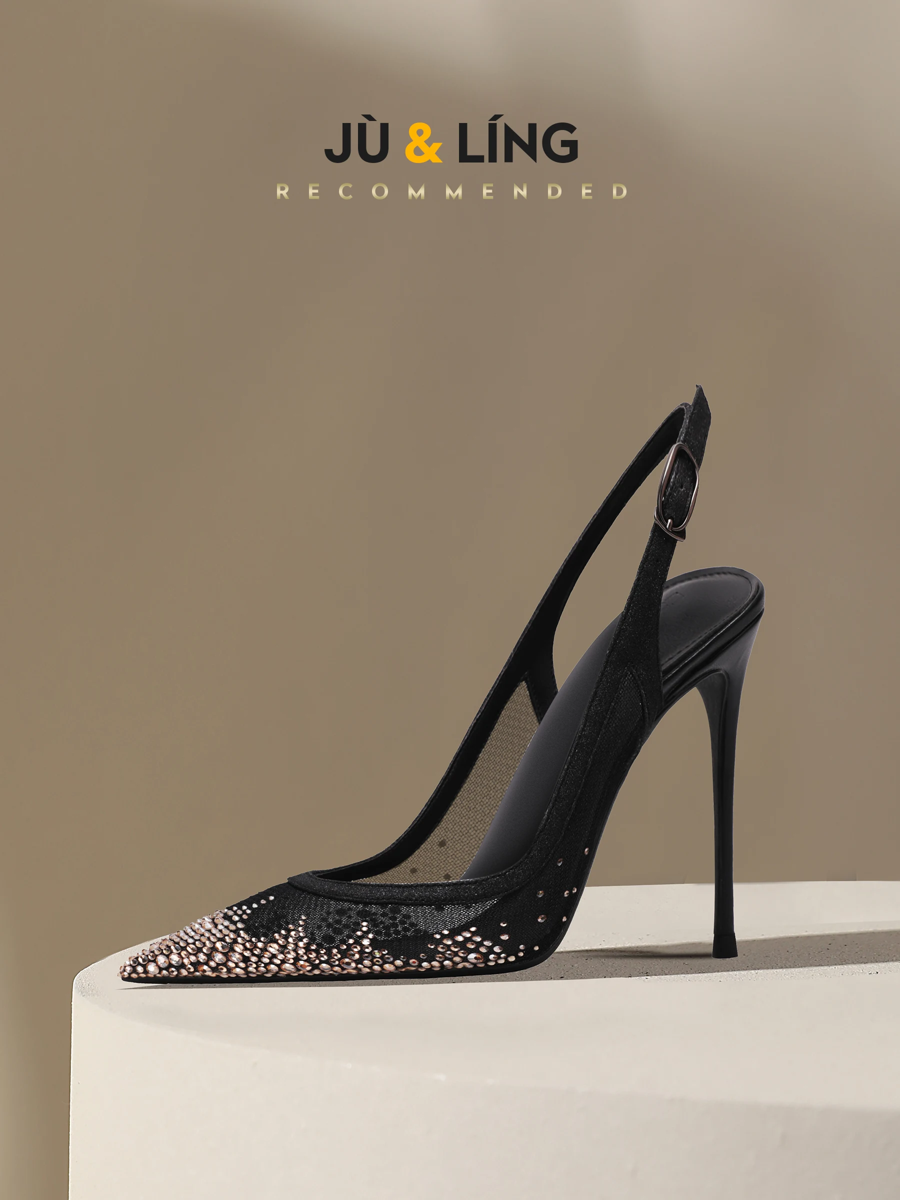 New Summer Black Mesh Rhinestone High Heels for Women, Slim Heels, Shallow Toe, Sexy Sandals with A Single Buckle Strap image 5