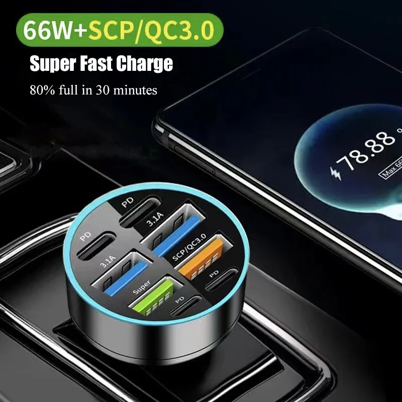 UYUXIO 8 in 1 USB C Car Phone Charger 4 USB A 4 PD Super Fast Charge Adapter for iPhone iPad Samsung OPPO Oneplus Huawei Vivo - náhled 5