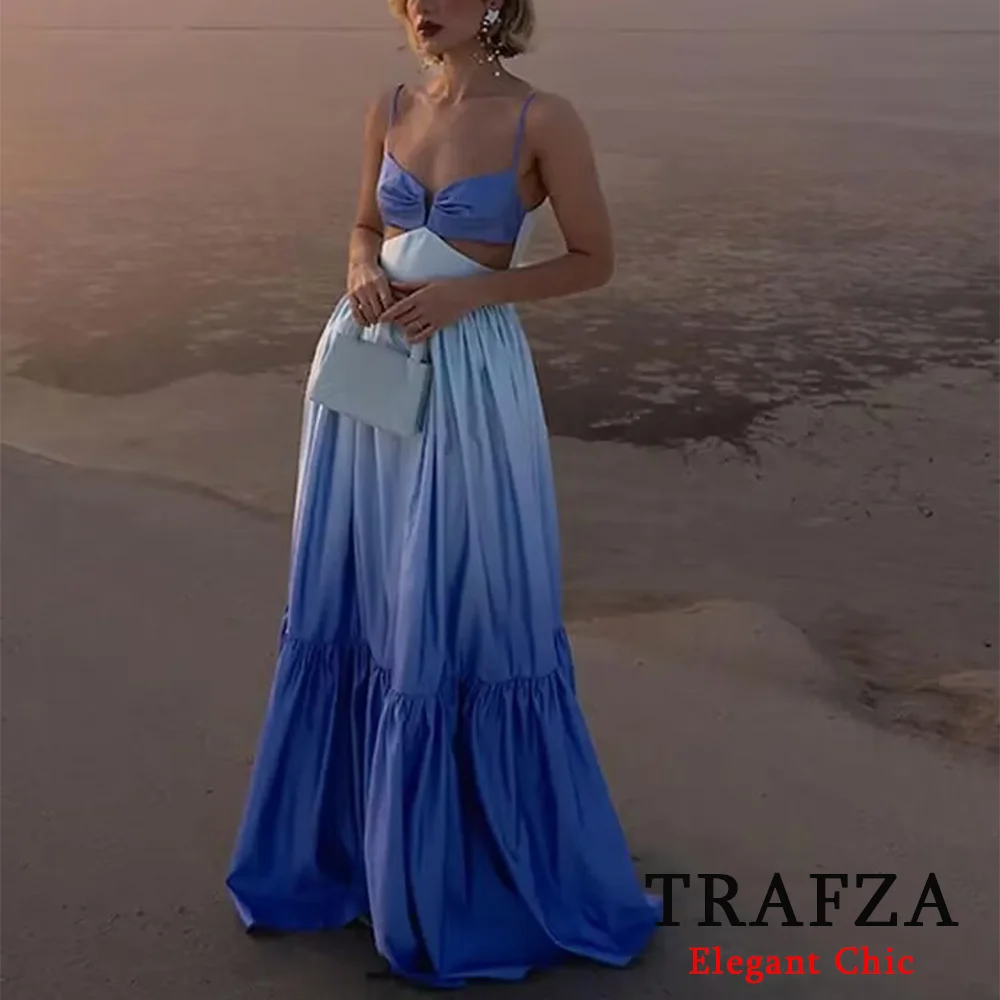 

TRAFZA Vintage Elegant Gradient Dress Women Waist-Slimming Dress Fashion 2024 Summer Backless Dress Elegant Party Beach Dress