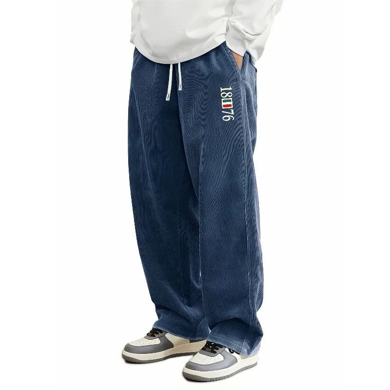 Hot Selling Men Rib Corduroy Wide Leg Trousers 1876 Color Flag Print Elastic Drawstring Casual Pants Daily With Hand Pockets