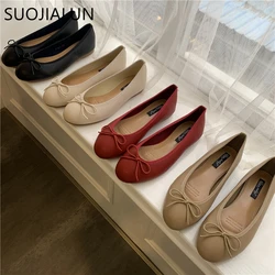 SUOJIALUN 2023 Autumn Women Flat Shoes Fashion Round Toe Shallow Slip On Ladies Elegant Ballerinas Shoes Casual Dress Ballet Sho