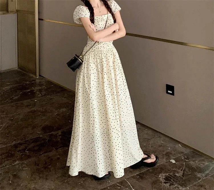 Xiaofei Sleeve Polka Dot Dress Children's Summer 2024 New Coffee Break French Niche Design Waist Long Dress