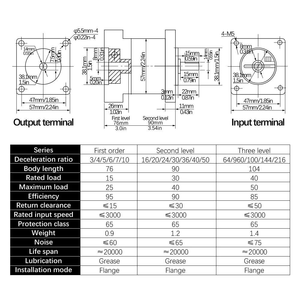 PX57 Planetary Reducer Ratio 3/4/5/6/10/16/20/24/30/36/40/50/60/64/96/100/120/144/150/180/216 for Nema23 Stepping Motor/60 Servo