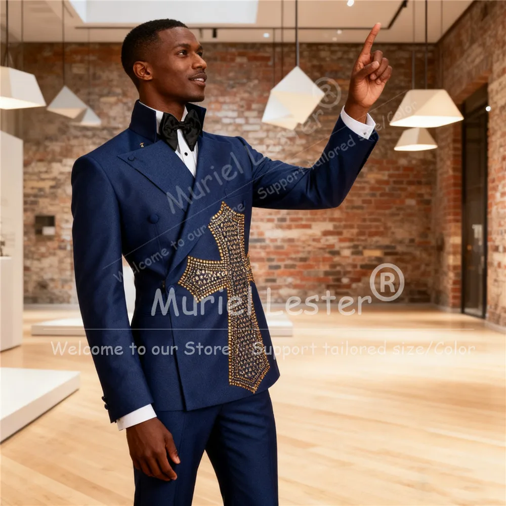 فاخر الذهب مطرز الأحجار دعوى الملابس للرجال 2 قطعة مزدوجة الصدر سترة السراويل سليم صالح العريس الزفاف البدلات الرسمية حسب الطلب