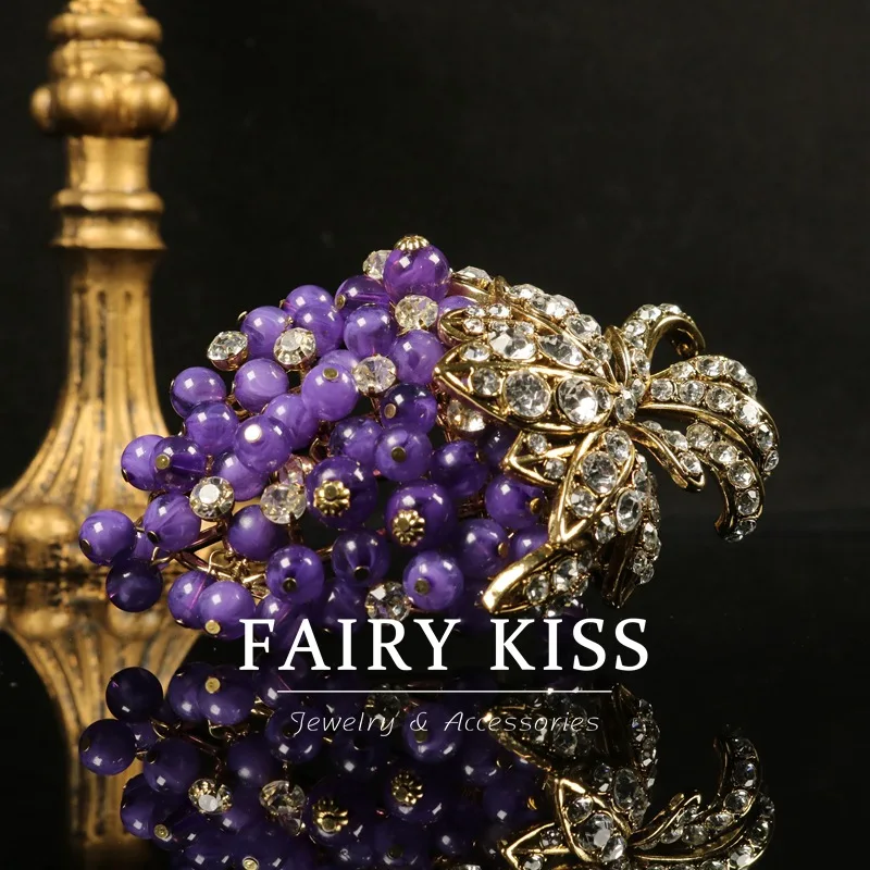 Retro atmospheric diamond grape purple brooch  hollow design  exquisite handmade corsage