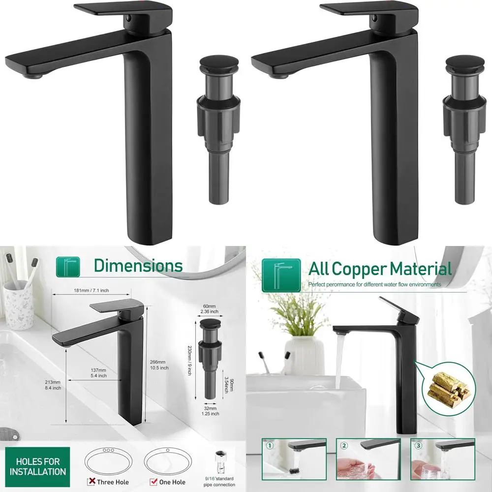 

Matte Black Tall Single Handle Vessel Sink Faucet with 1-Hole Basin Mixer Tap, Water Supply Hose & Pop-Up Drain