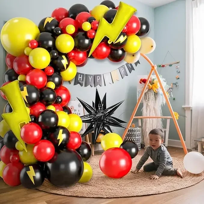 101pcs Red Black Yellow Balloon Garland Arch Kit with Starburst Lightning for Poke Cartoon Birthday Video Game Party Decor