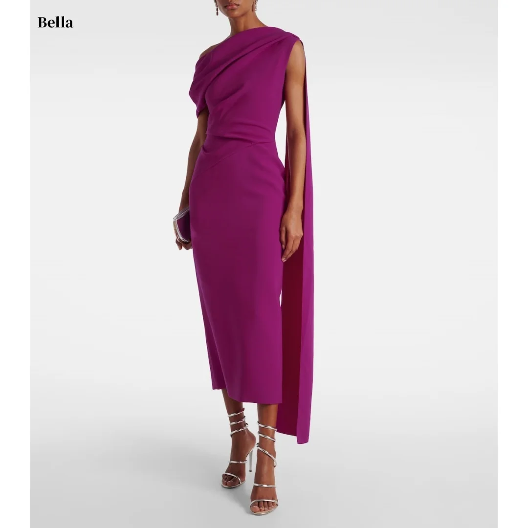 

Bella Customized Rose Red Slanted Shoulders Shawl Sleeveless robes de soirée Satin A-line Party Dresses Ankle-Length Prom Dress