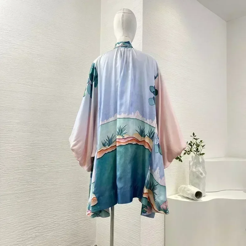 Latest New Pure Silk Blue Green Cartoon Print Long Sleeve Irregular Hem High Quality Women Mini Dress