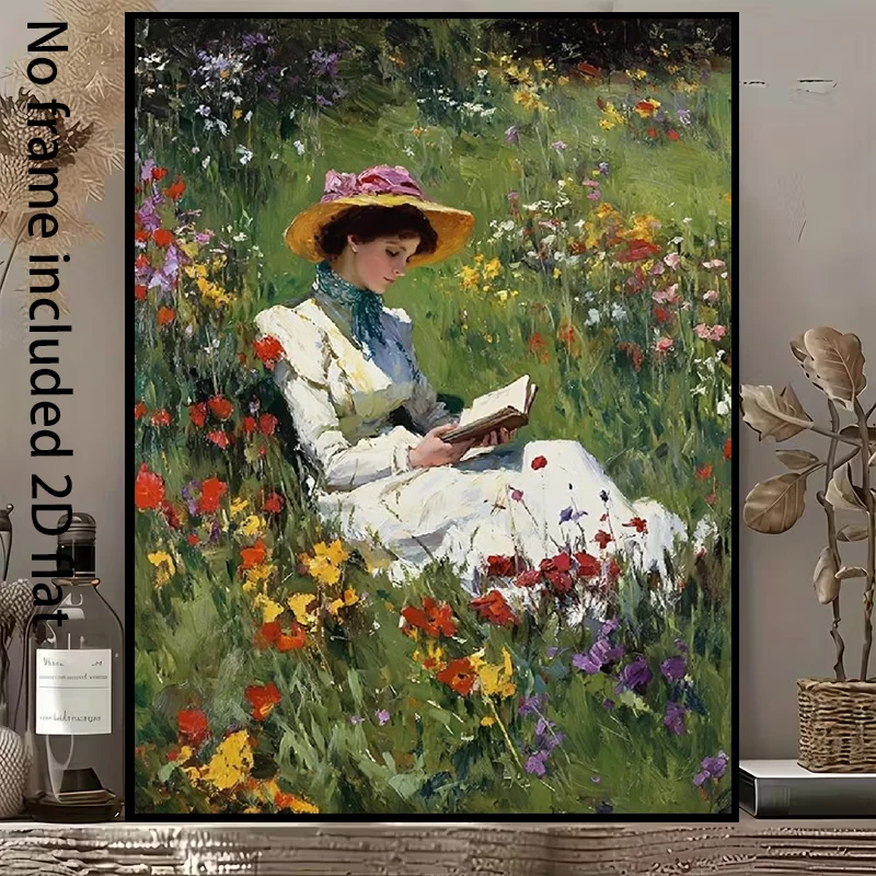 2D Flat, 1pc Vertical Frameless Canvas Painting - Woman Reading in Blooming, Spring Summer Suitable for Bedroom,, Decor, / Bo