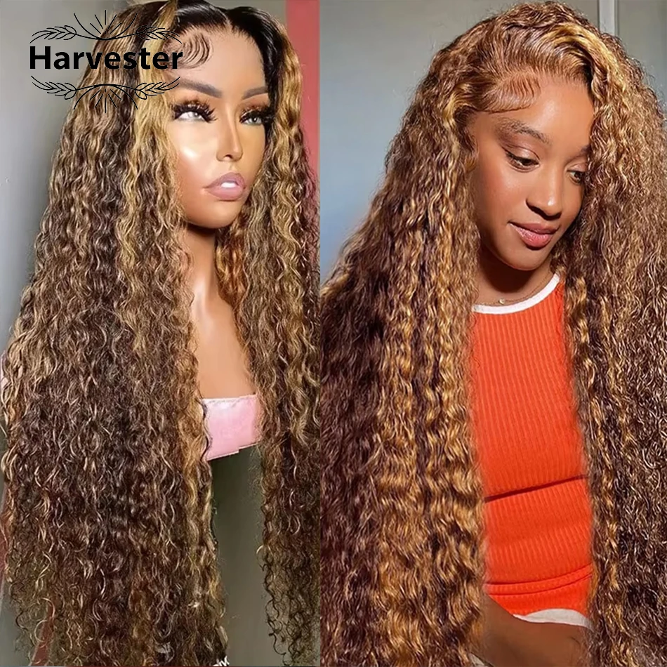 30 40 Highlight Deep Wave Hd Lace Frontal Wig 13x6 Honey Blonde Human Hair Wig Brazilian #4/27 Wet And Wavy Curly Wigs For Women