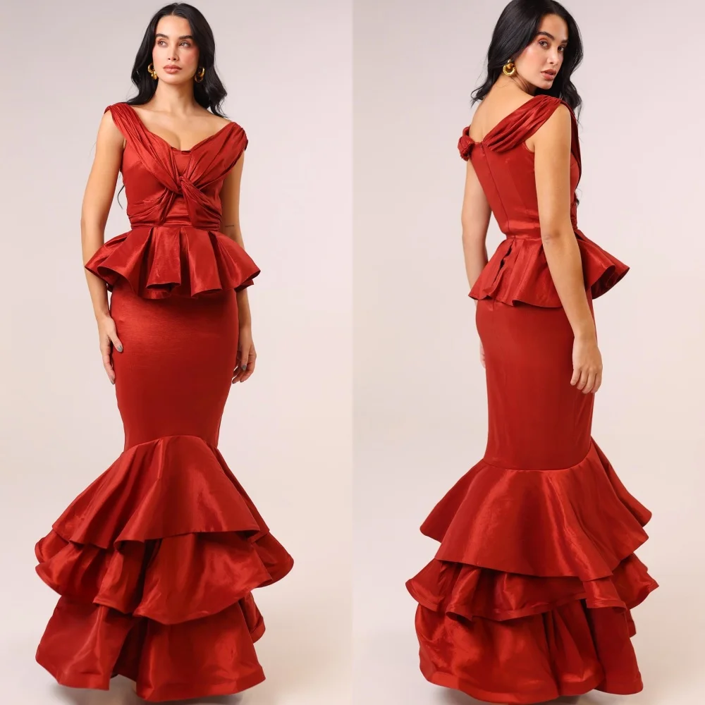 

Customized Simple Red Satin Evening Dress Classic Square Collar Cap Sleeve Zipper Back Mermaid Ruched Special Occasion Gowns