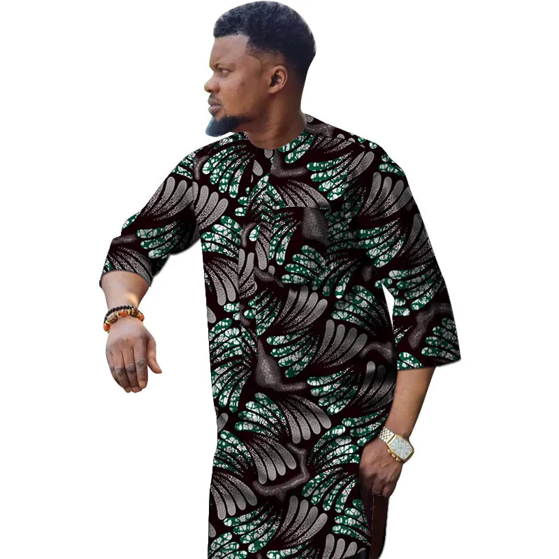 3/4 소매 남성 셔츠 오리지널 디자인 O넥 탑 아프리카 꾸뛰르 파티웨어 신랑 의상 다쉬키 프린트 파티웨어