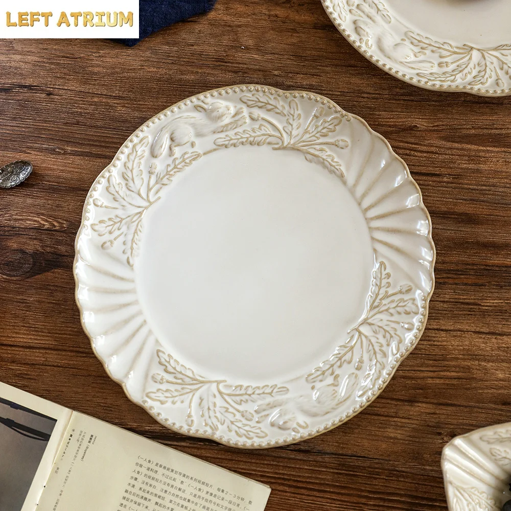 

Relief Ceramic Dessert Snacks Plates Homehold Western Retro Porcelain Tableware Steak Pasta Fish Plate Kitchen Supplies