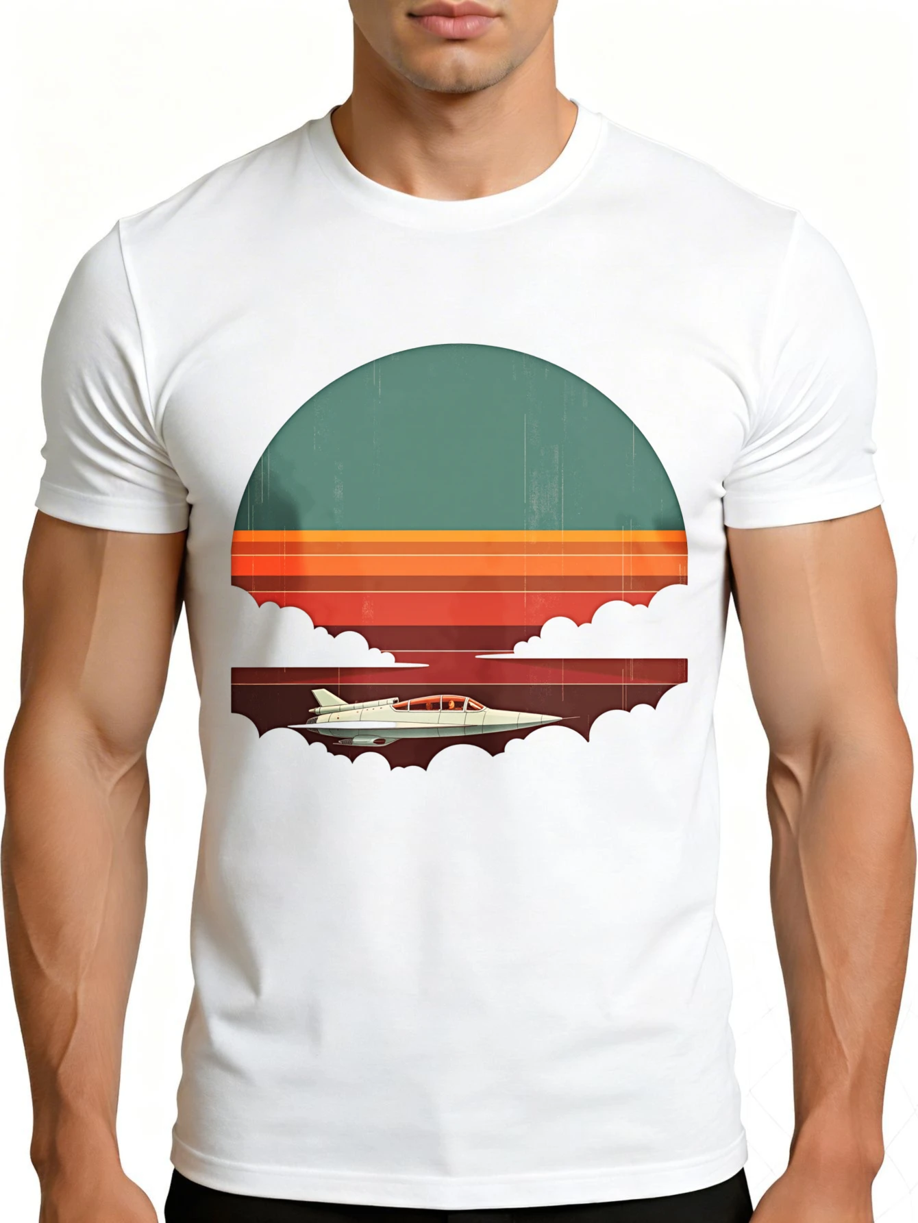 Retro Futuristic Style Men's T-Shirt with Jet Plane Sunset Design, Summer Casual Wear, Gift for Aviation Enthusiasts and Retro Fashion Lovers