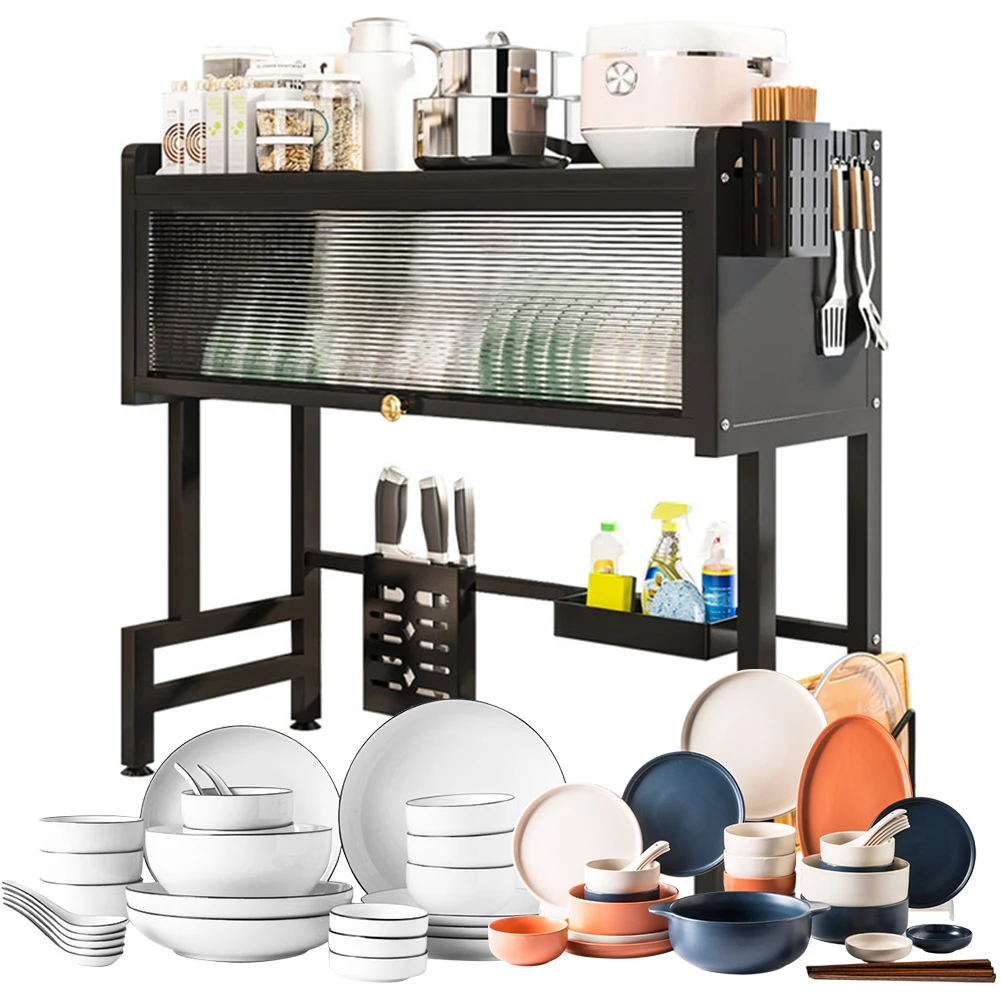 

Heavy Duty Steel Kitchen Storage Cabinet Over The Sink Large Dish Rack with Cover Multi-Functional Utensil Holder
