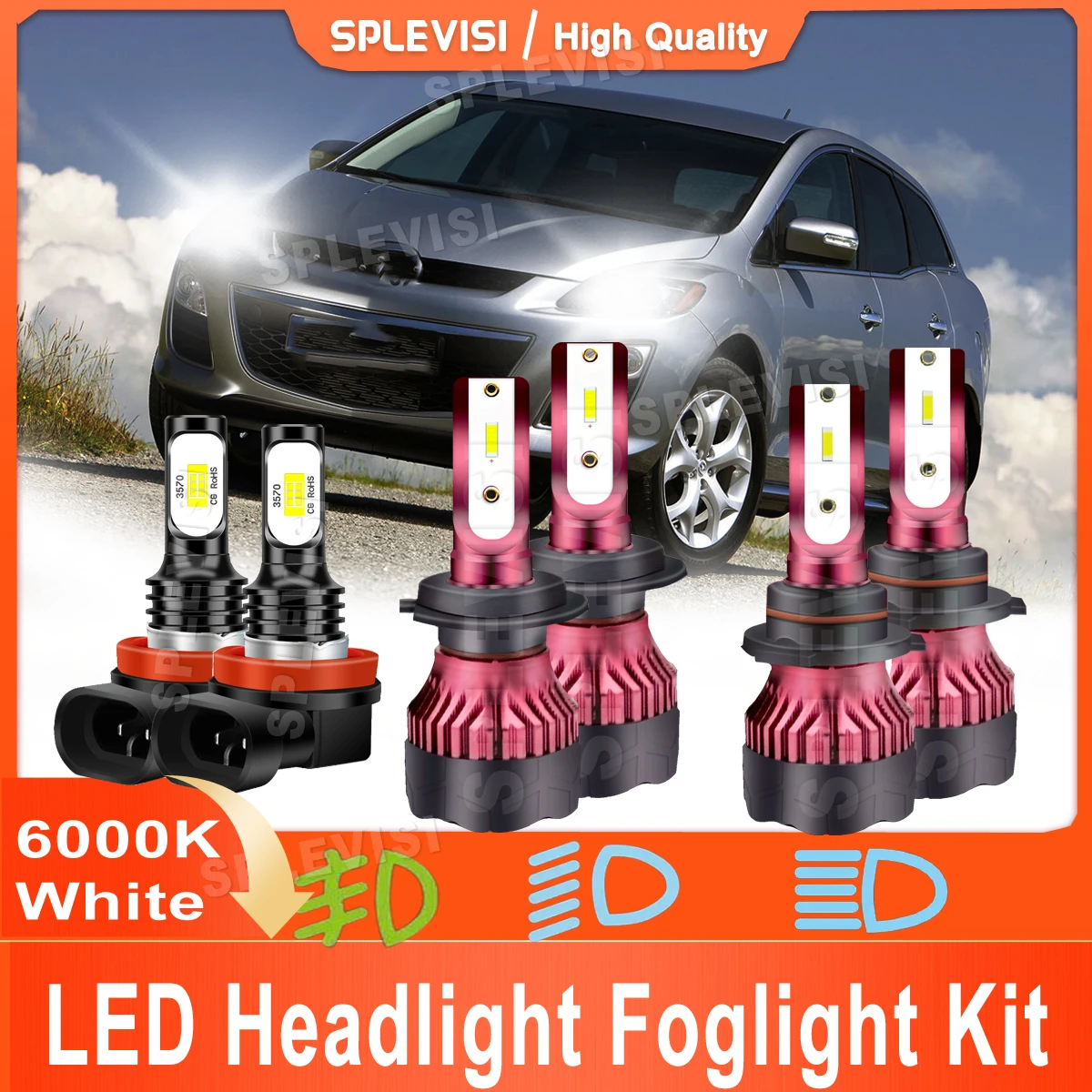 

Car Led Headlight Combo 6000K White Replace For Mazda CX-7 2007 2008 2009 2010 2011 2012 High Beam 9005 Low Beam H7 Foglight H11