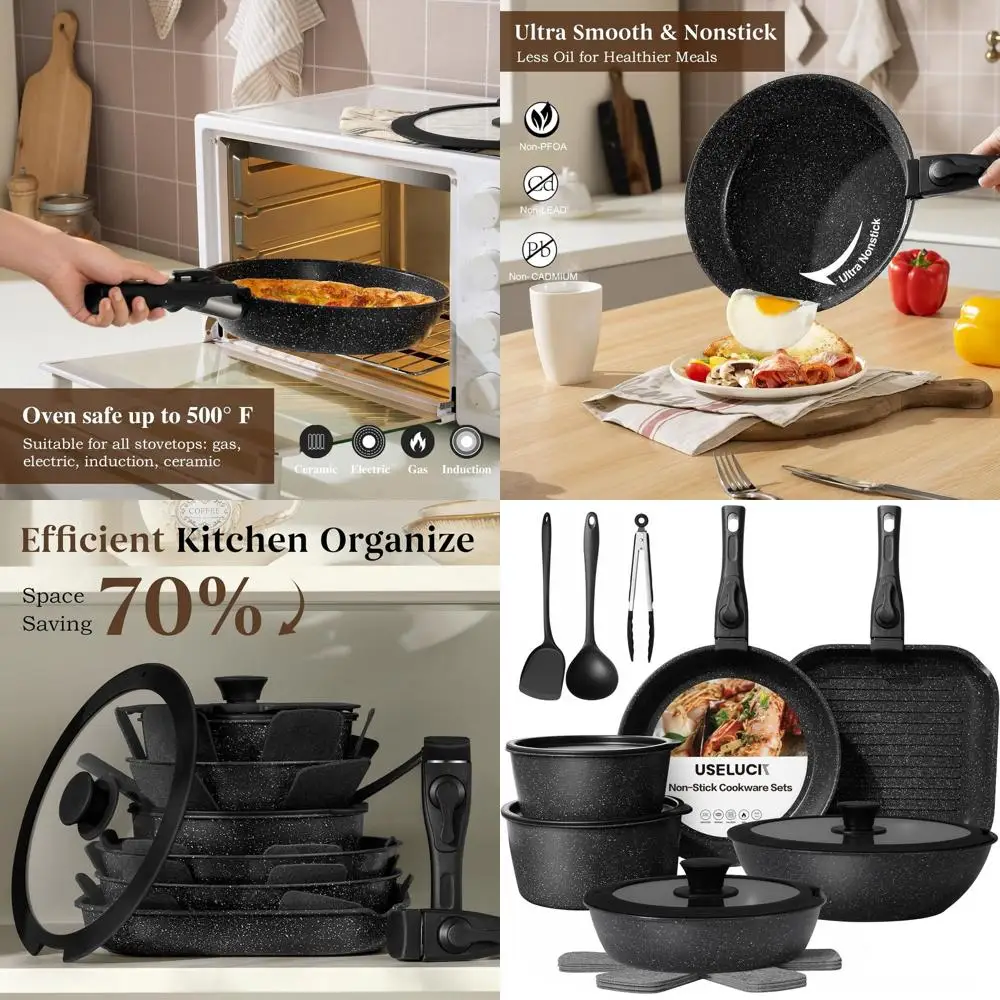 

Non-Stick Stackable Cookware Set, 20-Piece Portable Pans with Detachable Handles, Dishwasher & Oven Safe, Granite Induction-Read