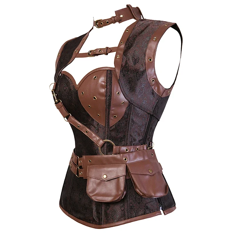 Hirate Corset Top Plus Size Faux Leather Lingerie Pirate costume Corset Bustier Top Overbush Steampunk Corsets for Women Brown A