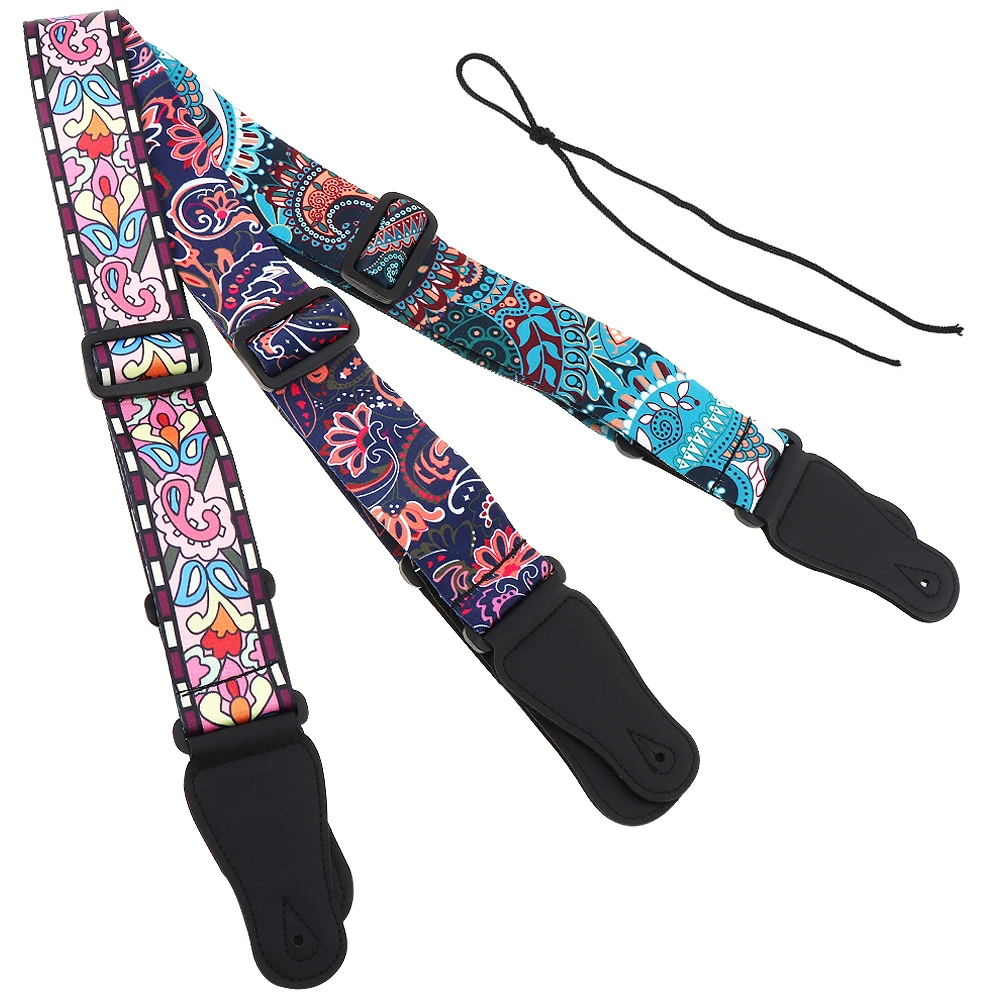 Adjustable Printing Guitar Strap National Style Flowers Pattern Guitar Belt for Acoustic Folk Electric Guitar Bass Accessories