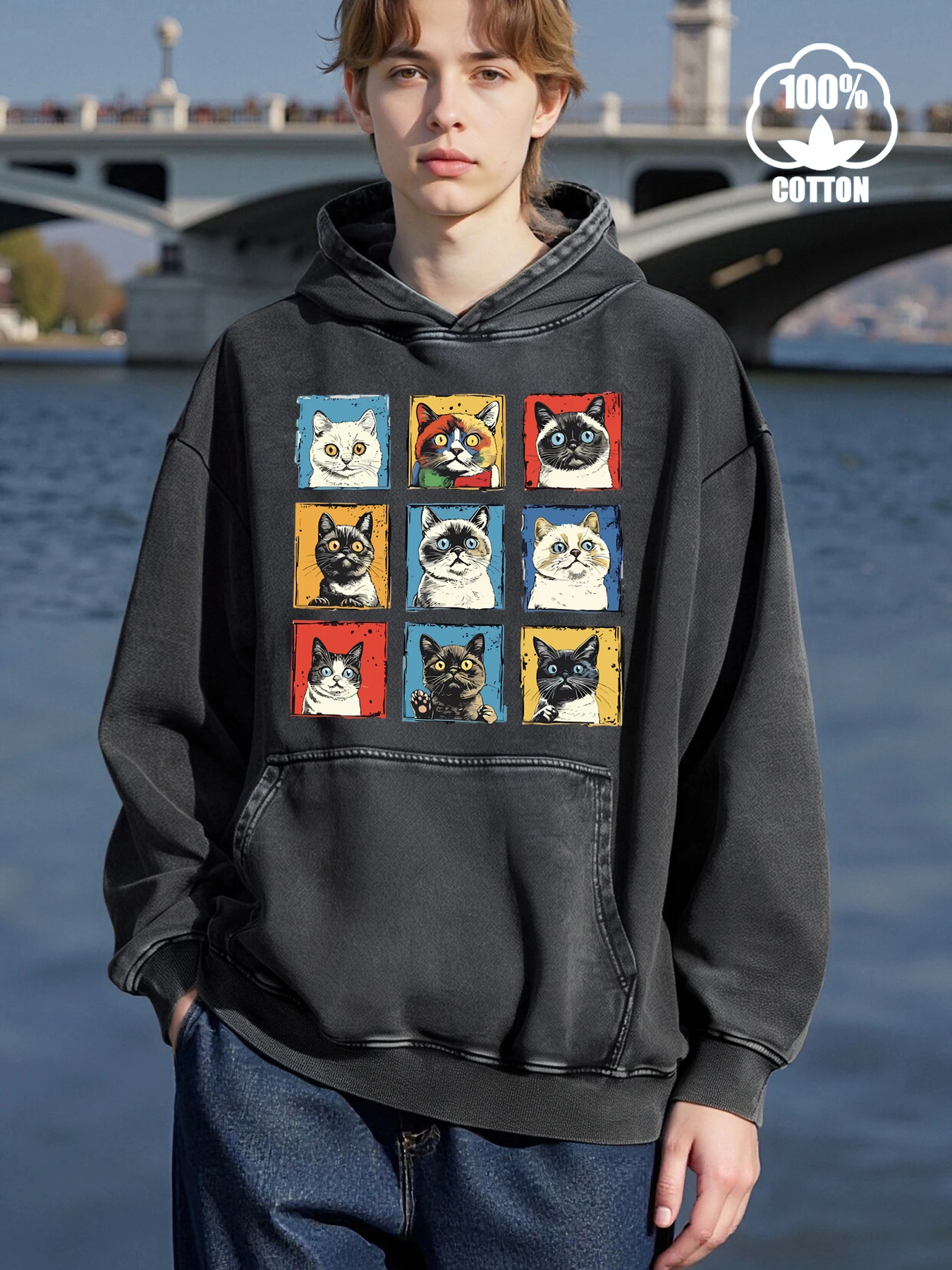 التعبير المختلف القطط طباعة الرجال الملابس لطيف فضفاض الشارع الشهير مضحك جيب هوديس الخريف أزياء القطن الرياضية #4