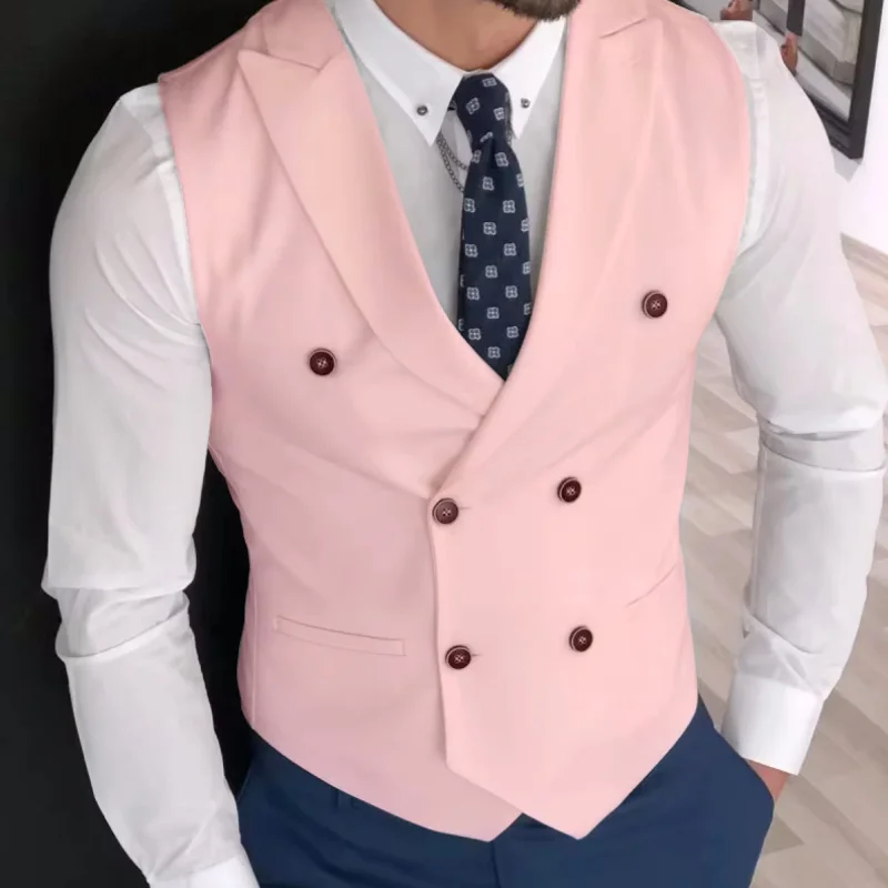 Lansboter Men Vest Pink Solid Double Button With Lapel Business Casual Waistcoat For Wedding Banquet Work Set Men Suit Vest