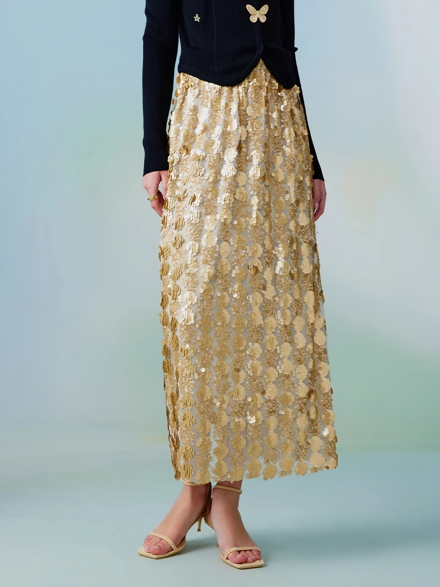 JIAMI Sequin Midi Skirt in Gold Vintage Metallic Elegant Long Skirt 2024 Spring/Summer New in Sexy Party Women Clothes