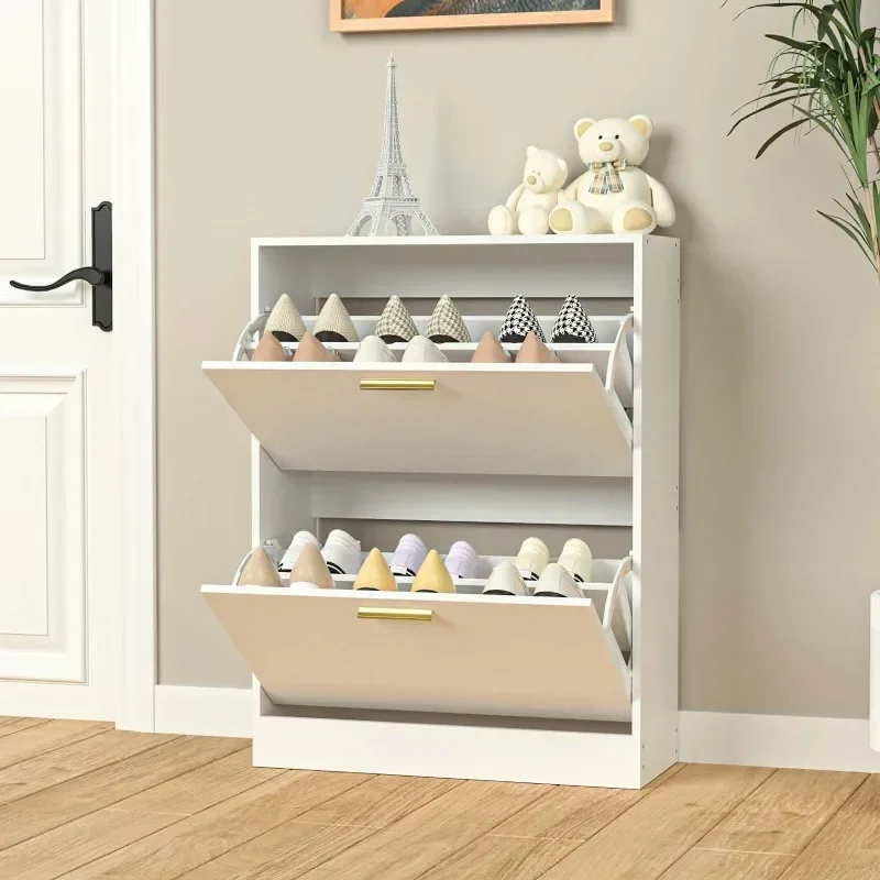 

%a Shoe Cabinet with 2 Flip Drawers, Narrow Hidden Shoe Storage Cabinet for Entryway Slim, Black Shoe Cabinet Freestanding