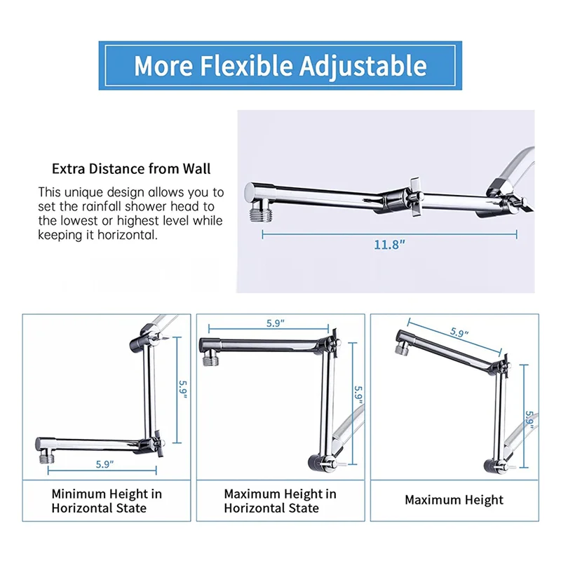 HHTL Shower Head Extension Arm, Adjustable Extender With Lock Joint, Rise Or Lower Rainfall And Fixed Shower Head