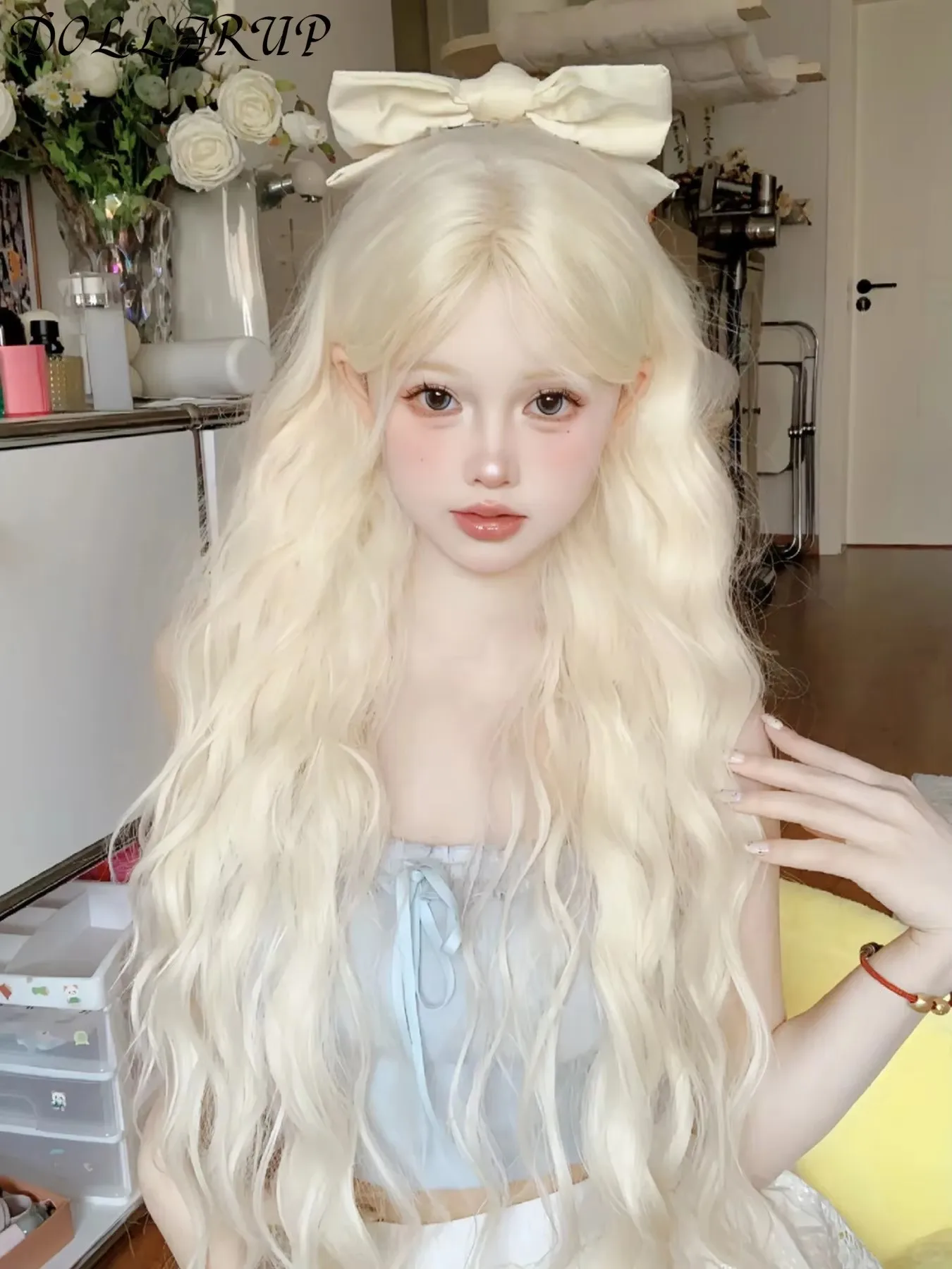 JKL شقراء طويلة مجعد الشعر بيروكات صناعية مع الانفجارات بلاتيوم الذهبي لوليتا تأثيري الباروكات للنساء اليومية حفلة تأثيري #2