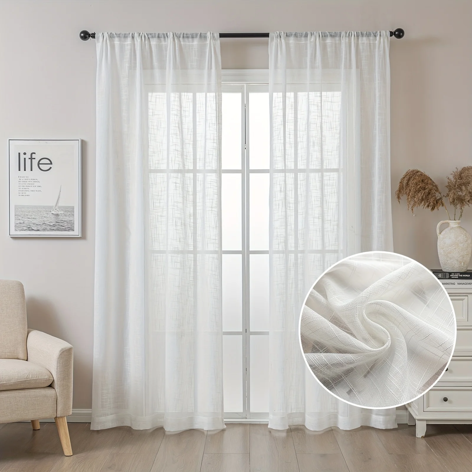 

Modern Simple Linen White Sheer Curtain Living Room，Dust-proof Privacy Tulle Curtain For Window,Machine Washable Hotel Curtain
