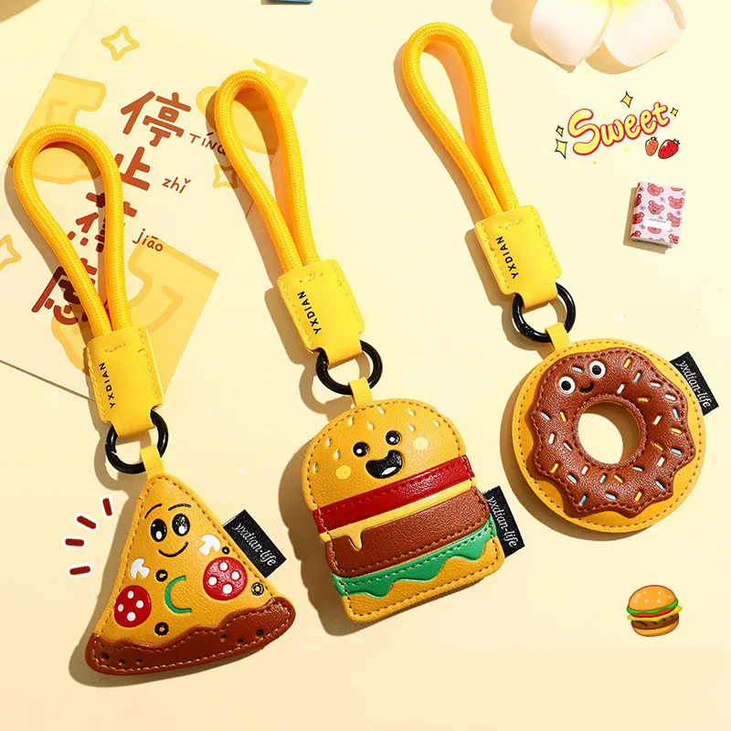 Cute Cartoon Pizza Hamburger Doughnut Toast Keychain Creative Breakfast Leather Keyring Backpack Decoration Bags Pendant