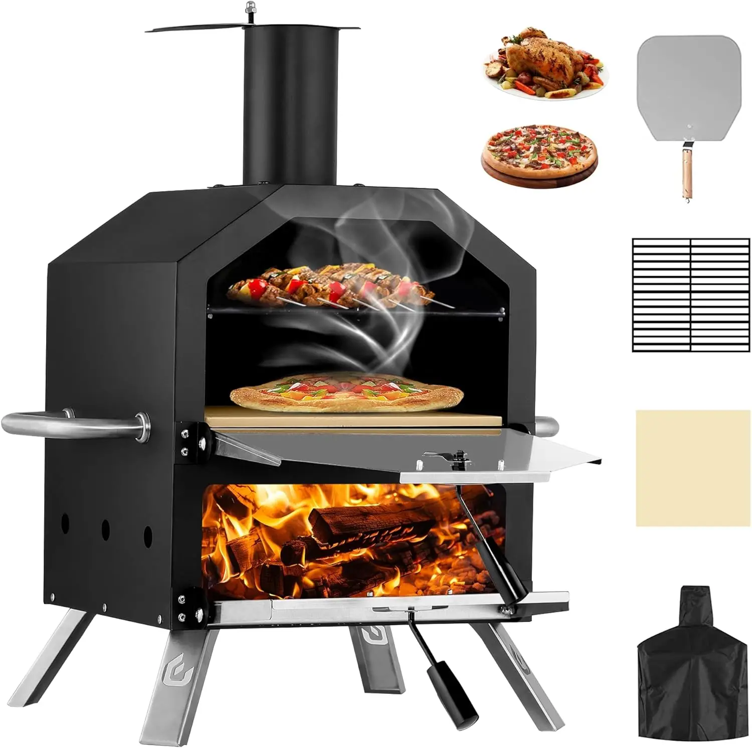 

Outdoor Wood Fired Pizza Maker 2 Layer with Pizza Stone Peel Rack Waterproof Cover Folding Legs for Camping BBQ Gifts 26 Inch