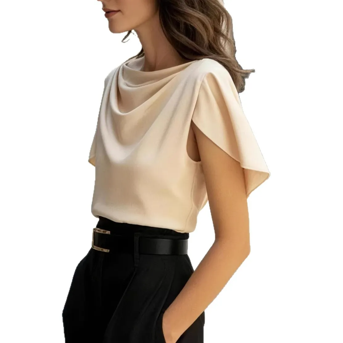 Fashioin Women's Satin Cowl Neck Short Sleeve Blouse Smooth Silk-Like Fabric Elegant Draped Neckline Top For Office Evening Wear view 5