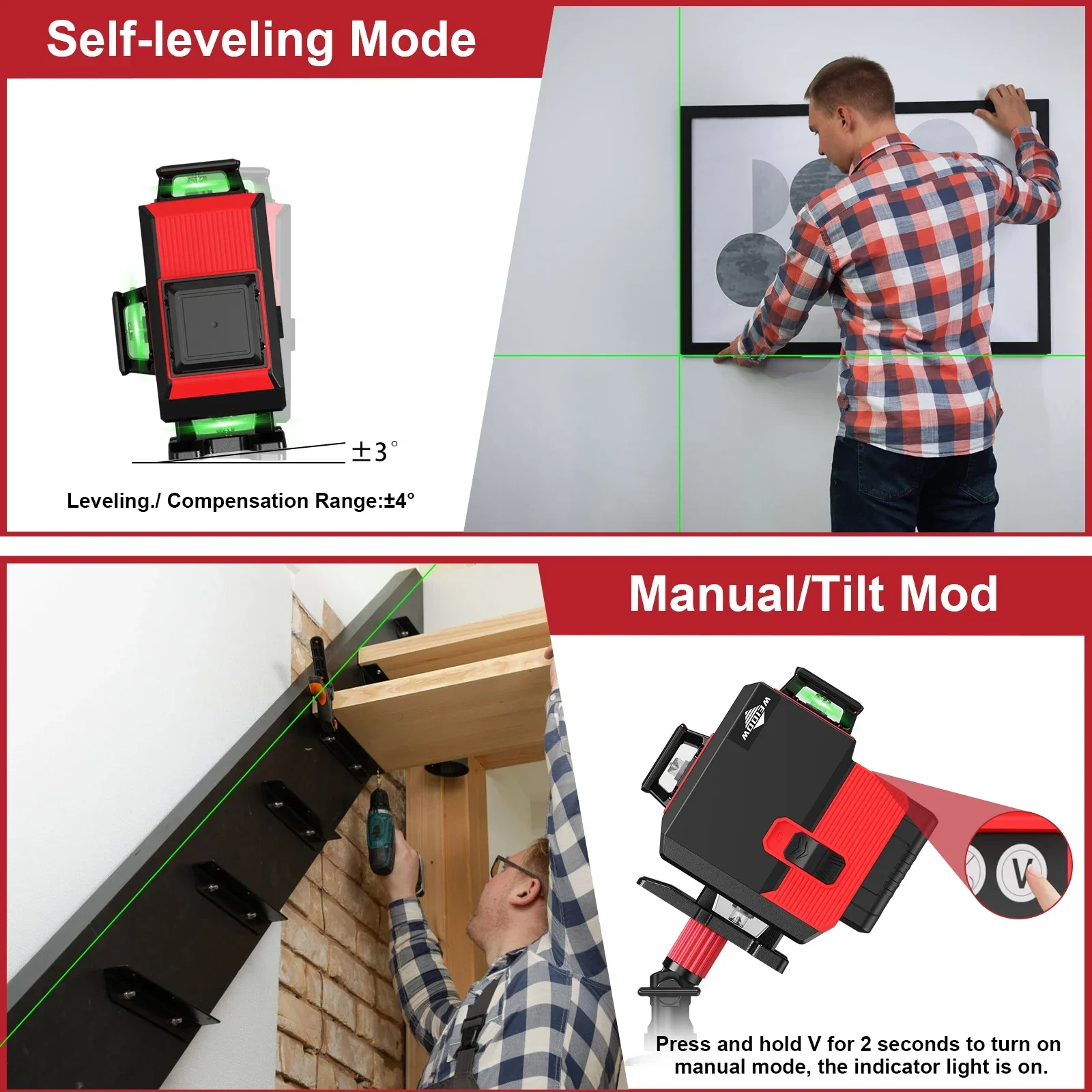 WEIDDW Nivel Laser 4D 16 Lines Laser Level Green Cross Line 360 self-leveling with Tropod Professional Laser Level Tools