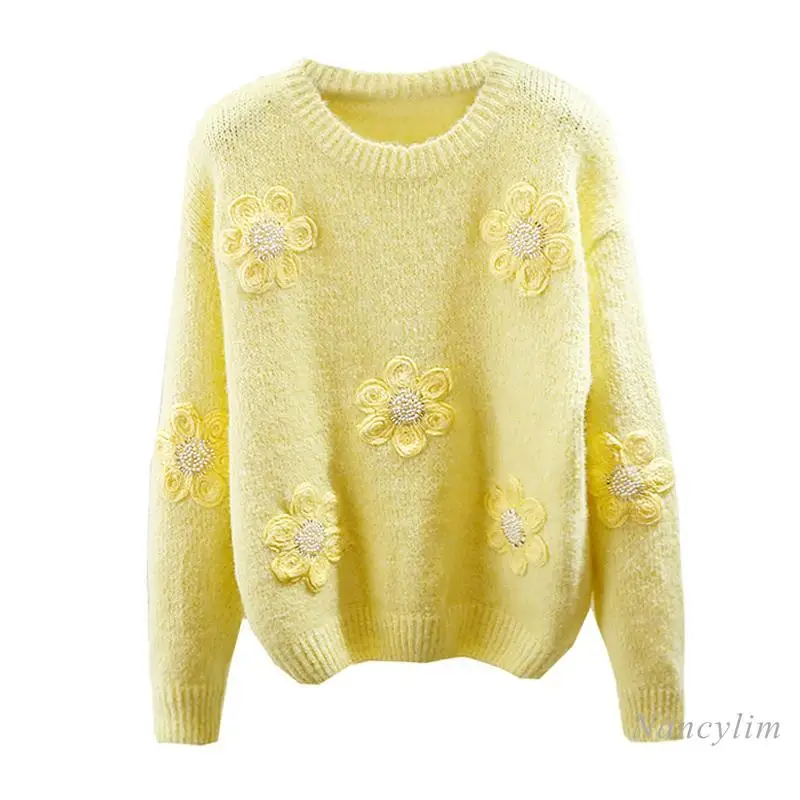 Pullovers Women Autumn and Winter New Fashion Heavy Industry Three-dimensional Flower Bead Sweater Design Sense Knitwear