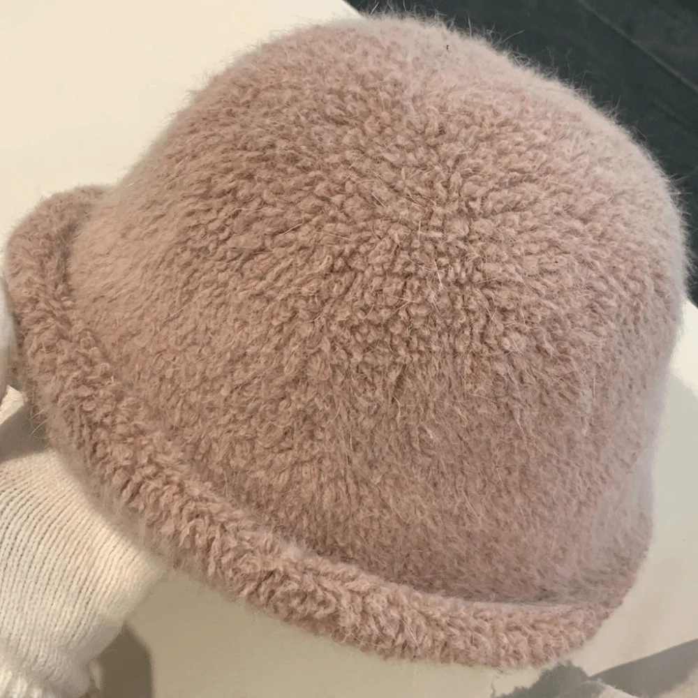 Rabbit Fur Blend Warm Winter Bucket Hat Face Slimming 54cm To 59cm Fuzzy Fisherman Hat Polyester Head Circumference