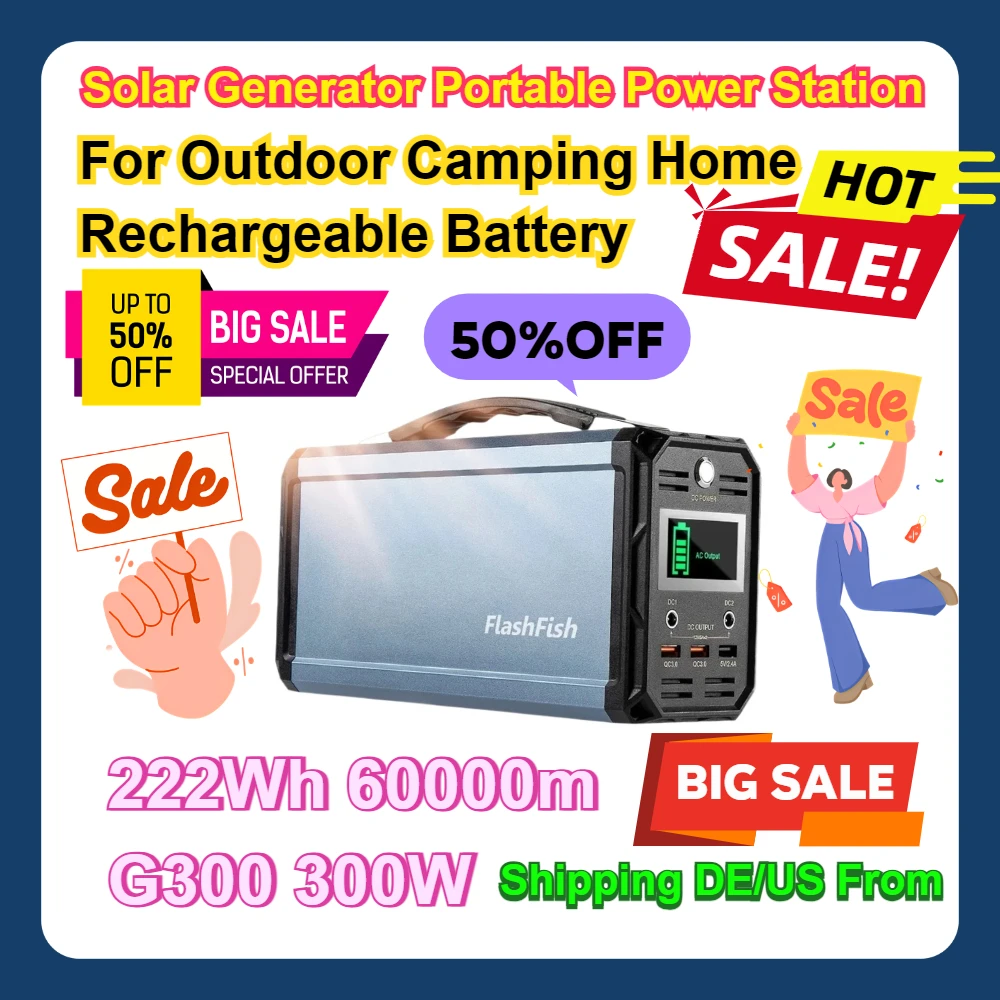 

For Outdoor Camping Home 222Wh 60000mAh Rechargeable Battery G300 300W Solar Generator Portable Power Station